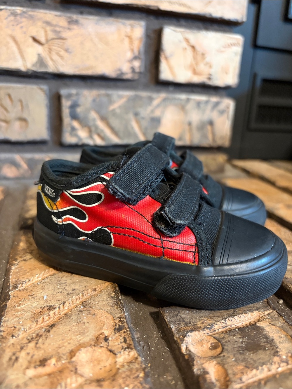 Vans Toddler Black Sneakers with Red & Yellow Flame Size 4
